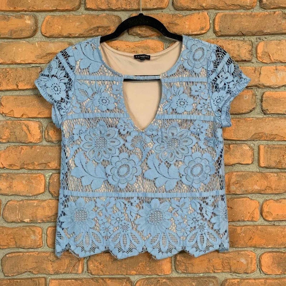 Express Lace Floral Keyhole Top Womens Size XS Blouse Short Sleeve Blue Floral